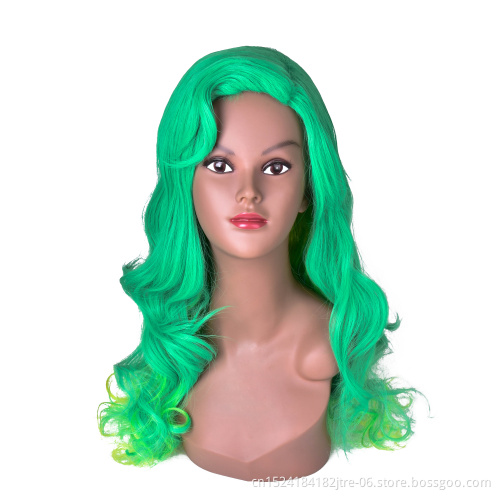 long loose wave machine made green synthetic wig in stock